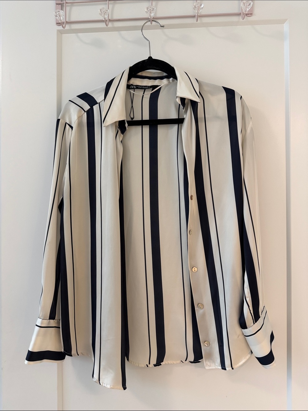 Zara Vertical Stripe Button-Down Shirt - Cream & Black